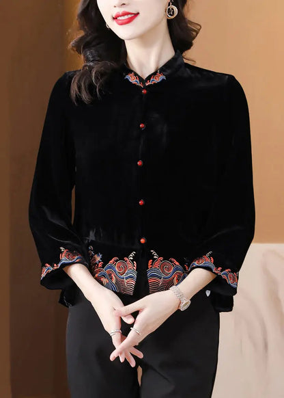 DIY Black Stand Collar Embroideried Silk Velour Coats Fall Ada Fashion