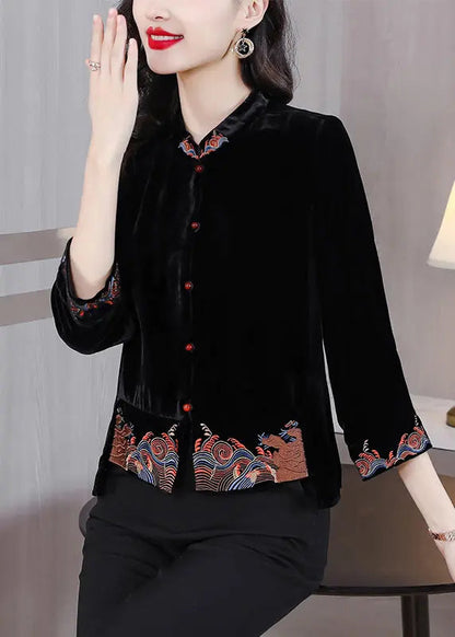 DIY Black Stand Collar Embroideried Silk Velour Coats Fall Ada Fashion