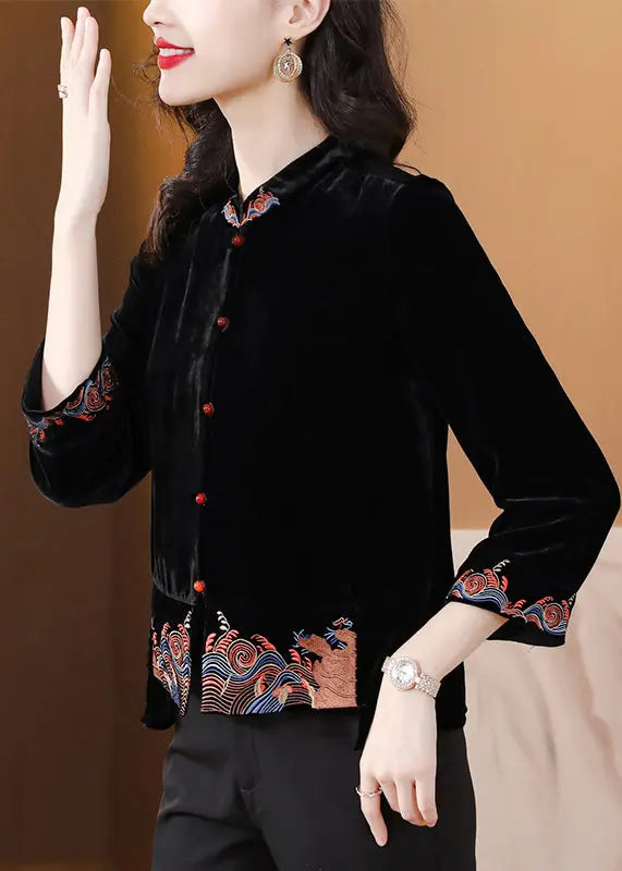 DIY Black Stand Collar Embroideried Silk Velour Coats Fall Ada Fashion