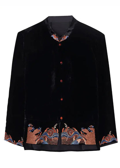 DIY Black Stand Collar Embroideried Silk Velour Coats Fall Ada Fashion