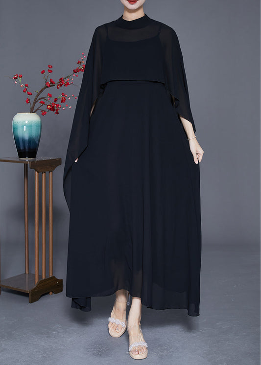 DIY Black Stand Collar Exra Large Hem Chiffon Dress Two Pieces Set Summer LY3653