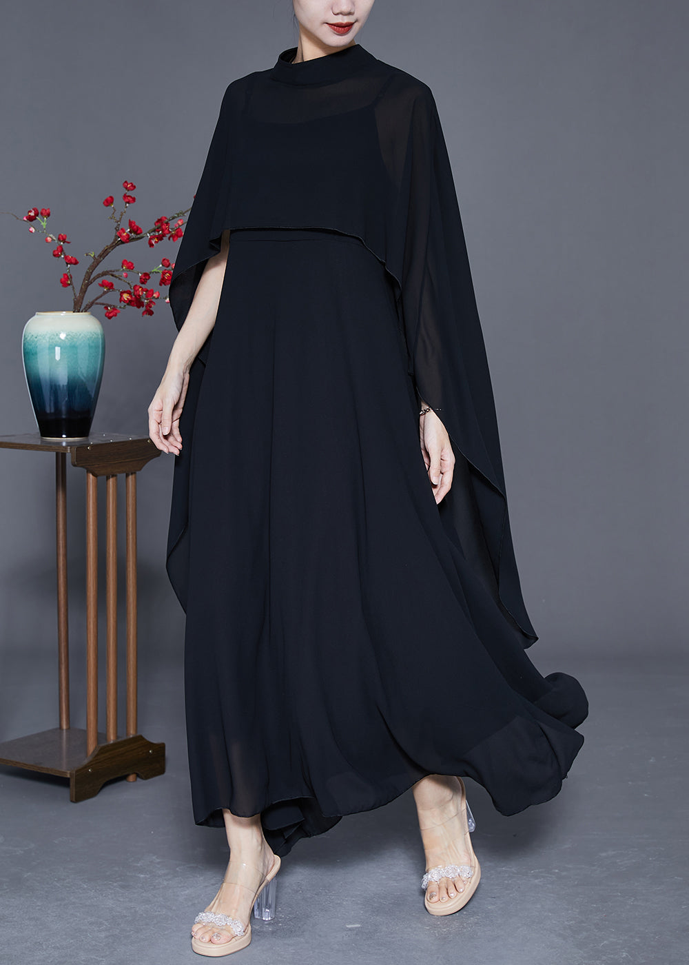 DIY Black Stand Collar Exra Large Hem Chiffon Dress Two Pieces Set Summer LY3653 - fabuloryshop