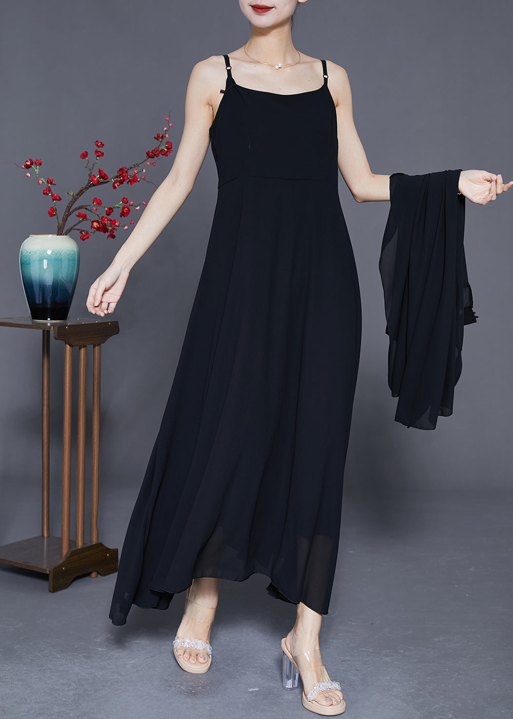 DIY Black Stand Collar Exra Large Hem Chiffon Dress Two Pieces Set Summer LY3653 - fabuloryshop