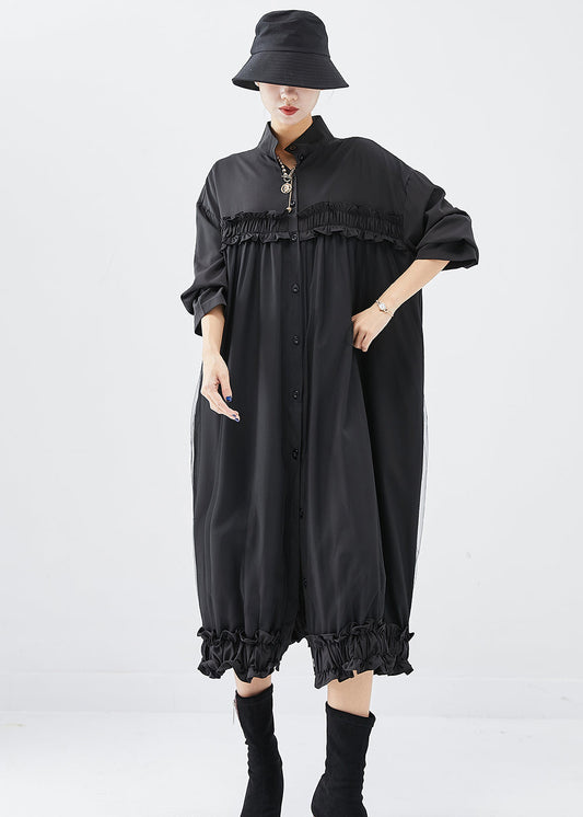 DIY Black Stand Collar Ruffled Cotton Vacation Dresses Fall Ada Fashion