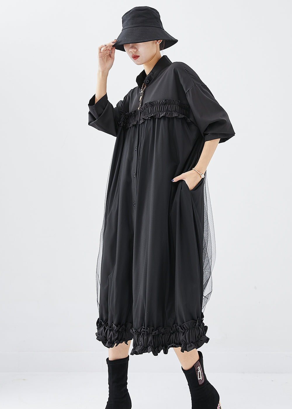 DIY Black Stand Collar Ruffled Cotton Vacation Dresses Fall Ada Fashion