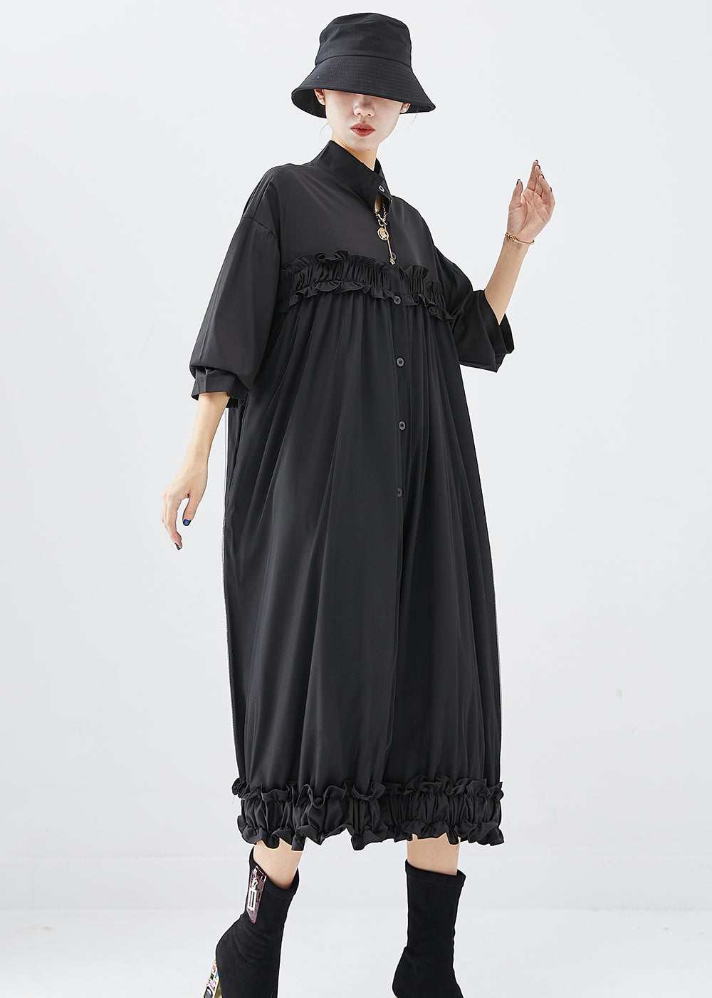 DIY Black Stand Collar Ruffled Cotton Vacation Dresses Fall Ada Fashion