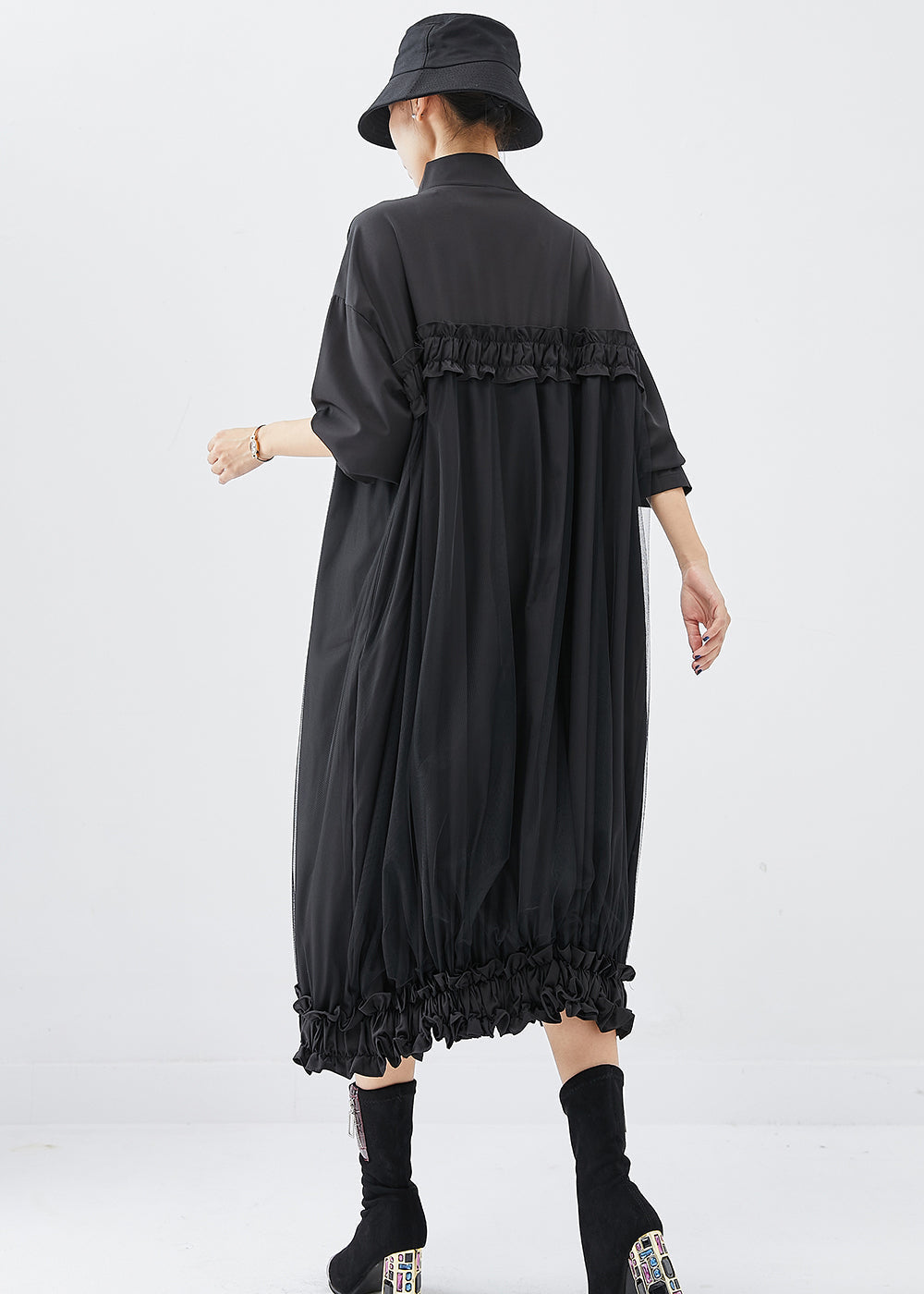 DIY Black Stand Collar Ruffled Cotton Vacation Dresses Fall Ada Fashion