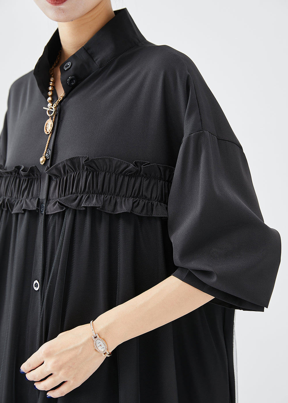 DIY Black Stand Collar Ruffled Cotton Vacation Dresses Fall Ada Fashion