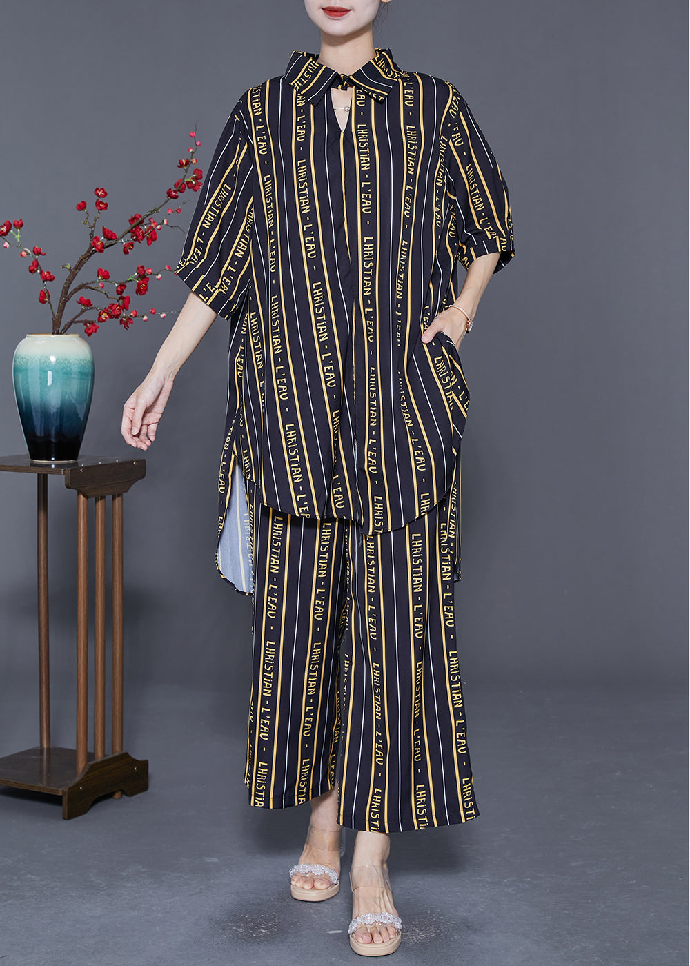 DIY Black Striped Letter Print Low High Design Silk 2 Piece Outfit Summer LY5562 - fabuloryshop