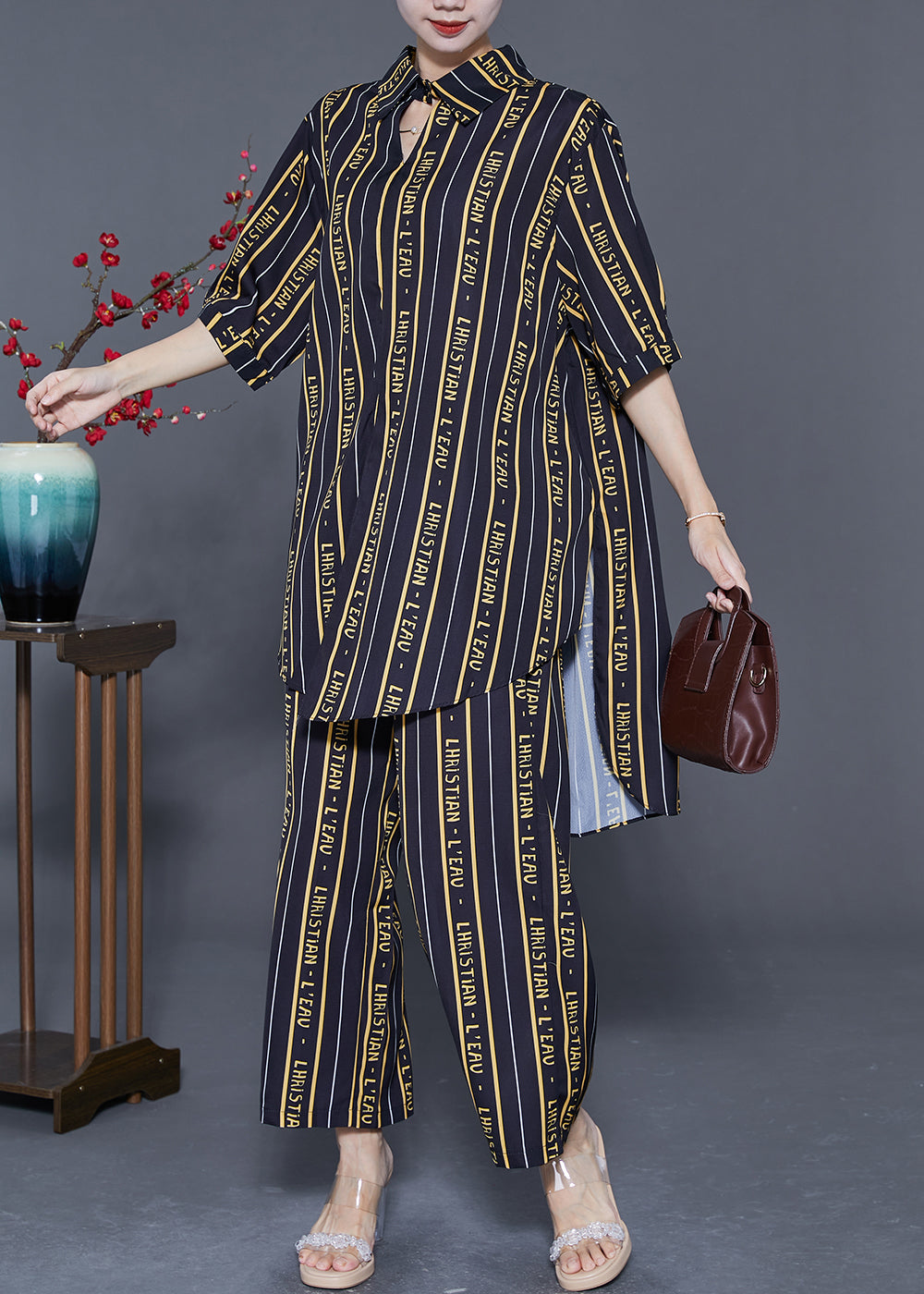 DIY Black Striped Letter Print Low High Design Silk 2 Piece Outfit Summer LY5562 - fabuloryshop