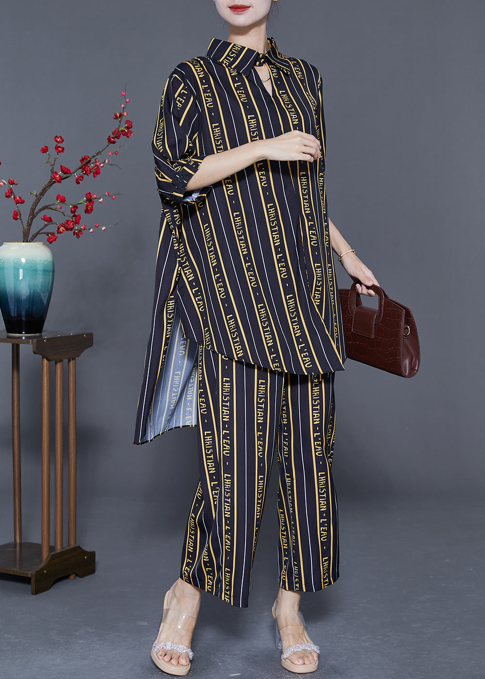 DIY Black Striped Letter Print Low High Design Silk 2 Piece Outfit Summer LY5562 - fabuloryshop