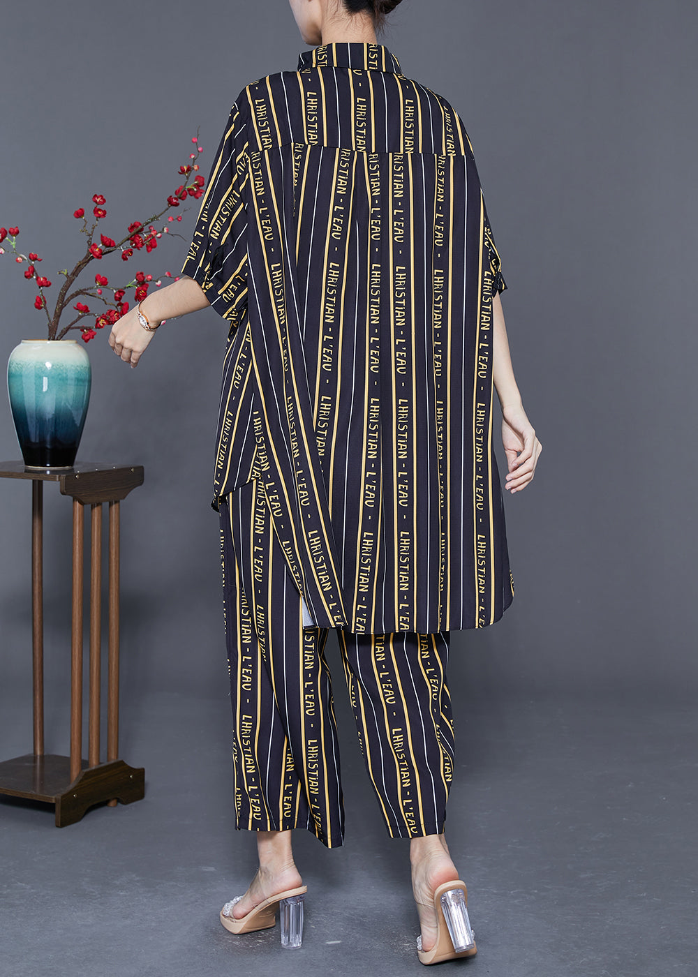 DIY Black Striped Letter Print Low High Design Silk 2 Piece Outfit Summer LY5562 - fabuloryshop