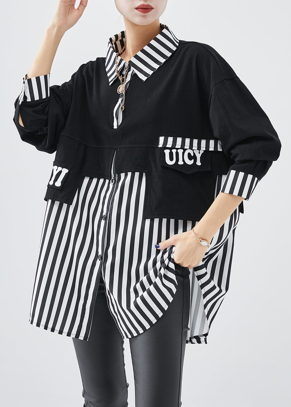 DIY Black Striped Patchwork Cotton Sweatshirt Streetwear Fall Ada Fashion