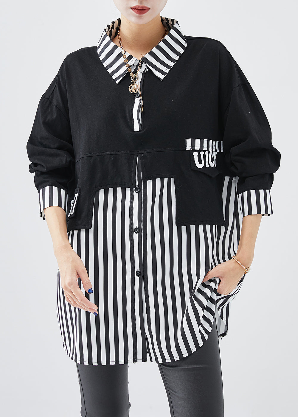 DIY Black Striped Patchwork Cotton Sweatshirt Streetwear Fall Ada Fashion