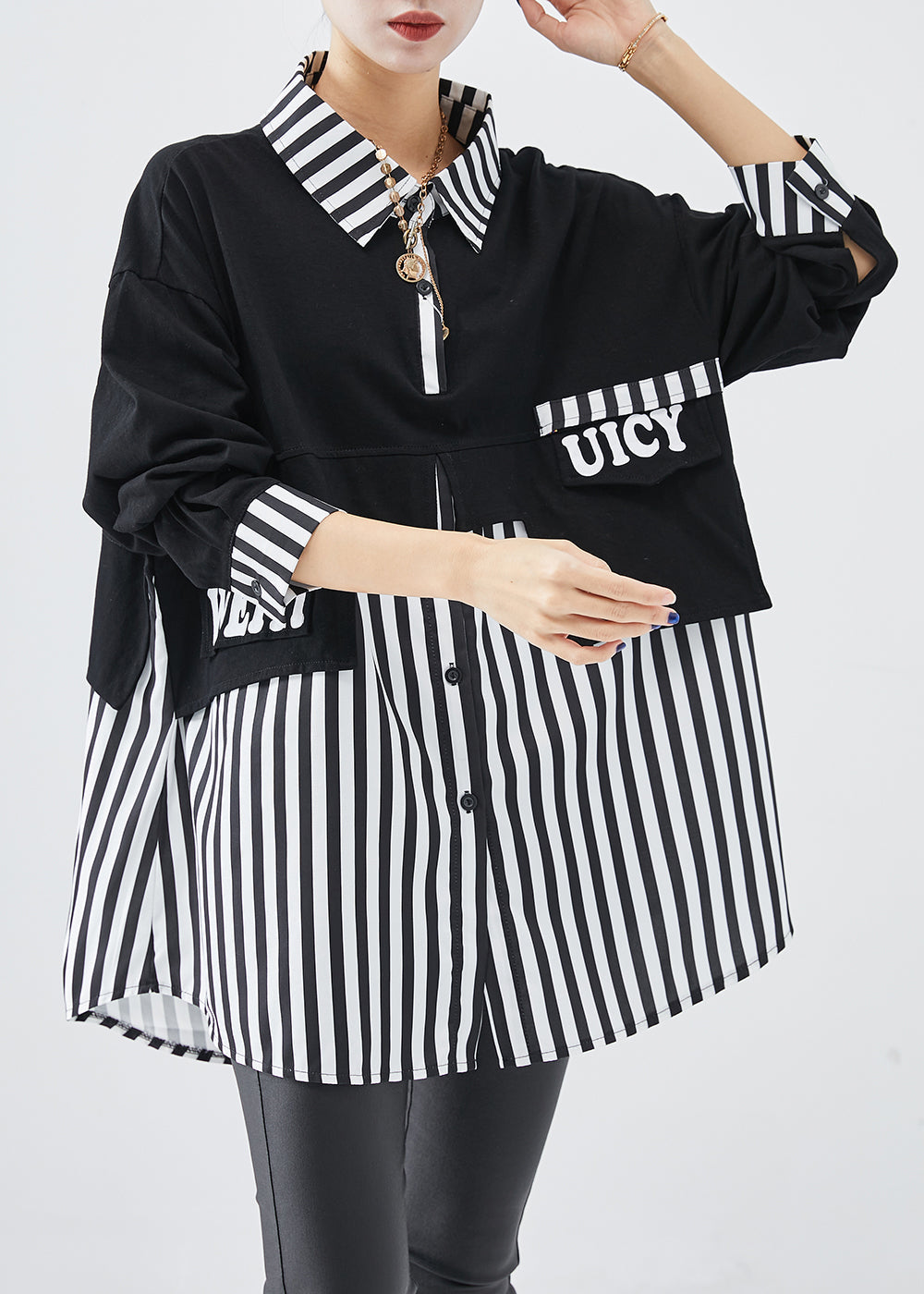 DIY Black Striped Patchwork Cotton Sweatshirt Streetwear Fall Ada Fashion