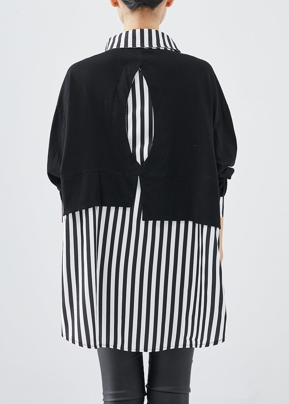 DIY Black Striped Patchwork Cotton Sweatshirt Streetwear Fall Ada Fashion