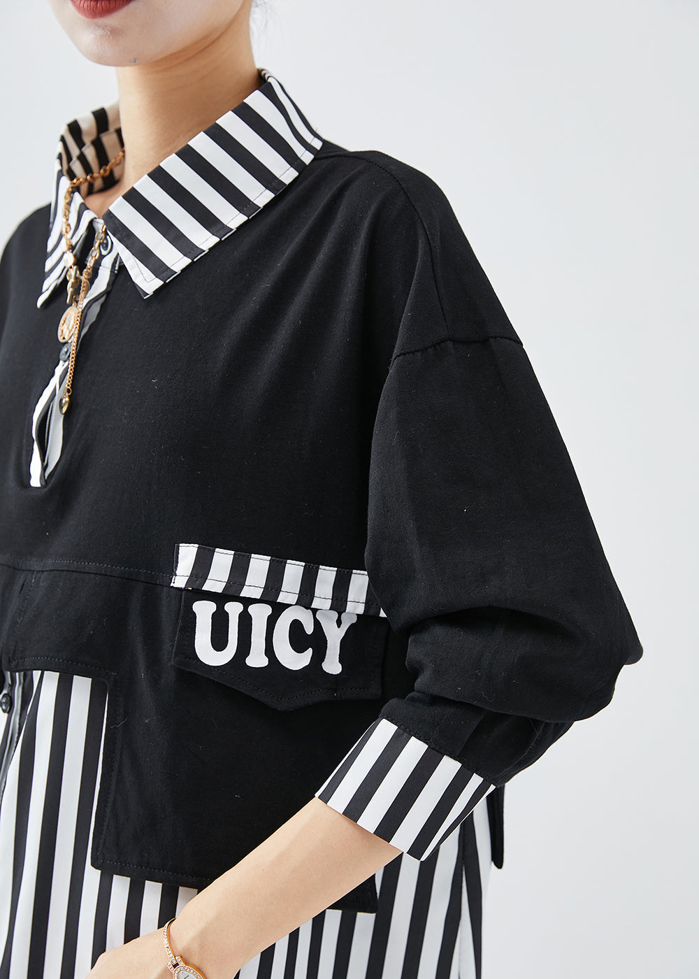 DIY Black Striped Patchwork Cotton Sweatshirt Streetwear Fall Ada Fashion