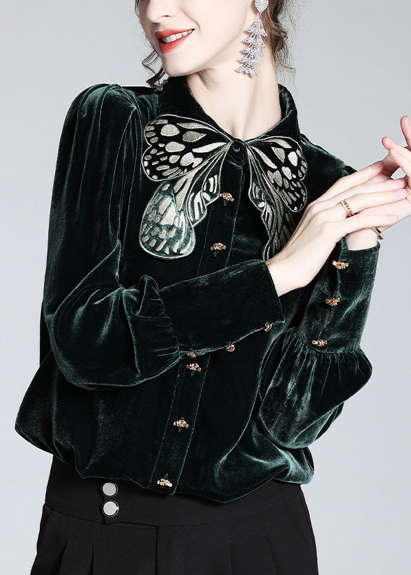 DIY Blackish Green Butterfly Peter Pan Collar Silk Velour Shirt Long Sleeve LY0962 - fabuloryshop