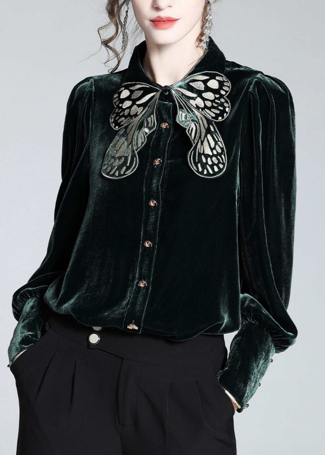 DIY Blackish Green Butterfly Peter Pan Collar Silk Velour Shirt Long Sleeve LY0962 - fabuloryshop