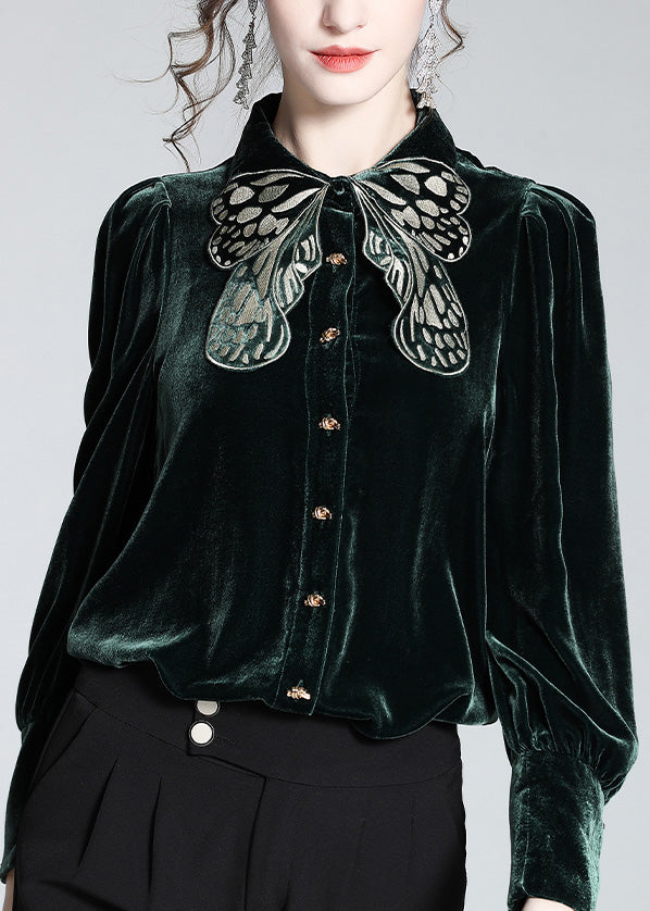 DIY Blackish Green Butterfly Peter Pan Collar Silk Velour Shirt Long Sleeve LY0962 - fabuloryshop