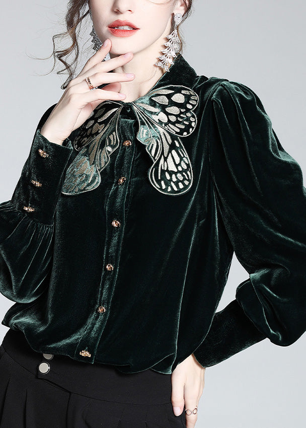 DIY Blackish Green Butterfly Peter Pan Collar Silk Velour Shirt Long Sleeve LY0962 - fabuloryshop