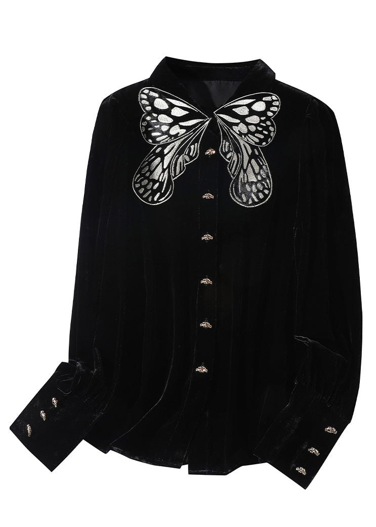 DIY Blackish Green Butterfly Peter Pan Collar Silk Velour Shirt Long Sleeve LY0962 - fabuloryshop