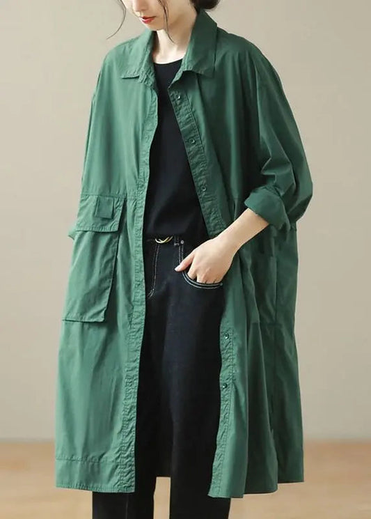 DIY Blackish Green Oversized Pockets Cotton Trench Coat Fall Ada Fashion