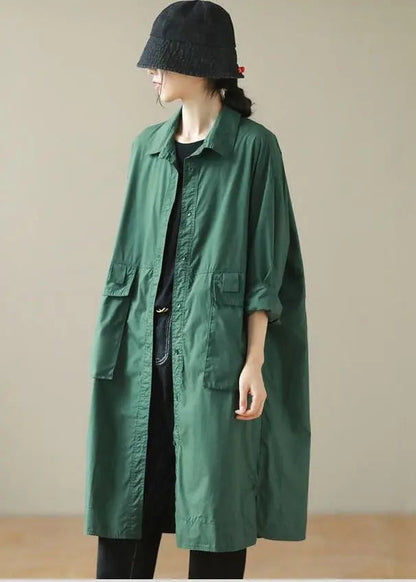 DIY Blackish Green Oversized Pockets Cotton Trench Coat Fall Ada Fashion