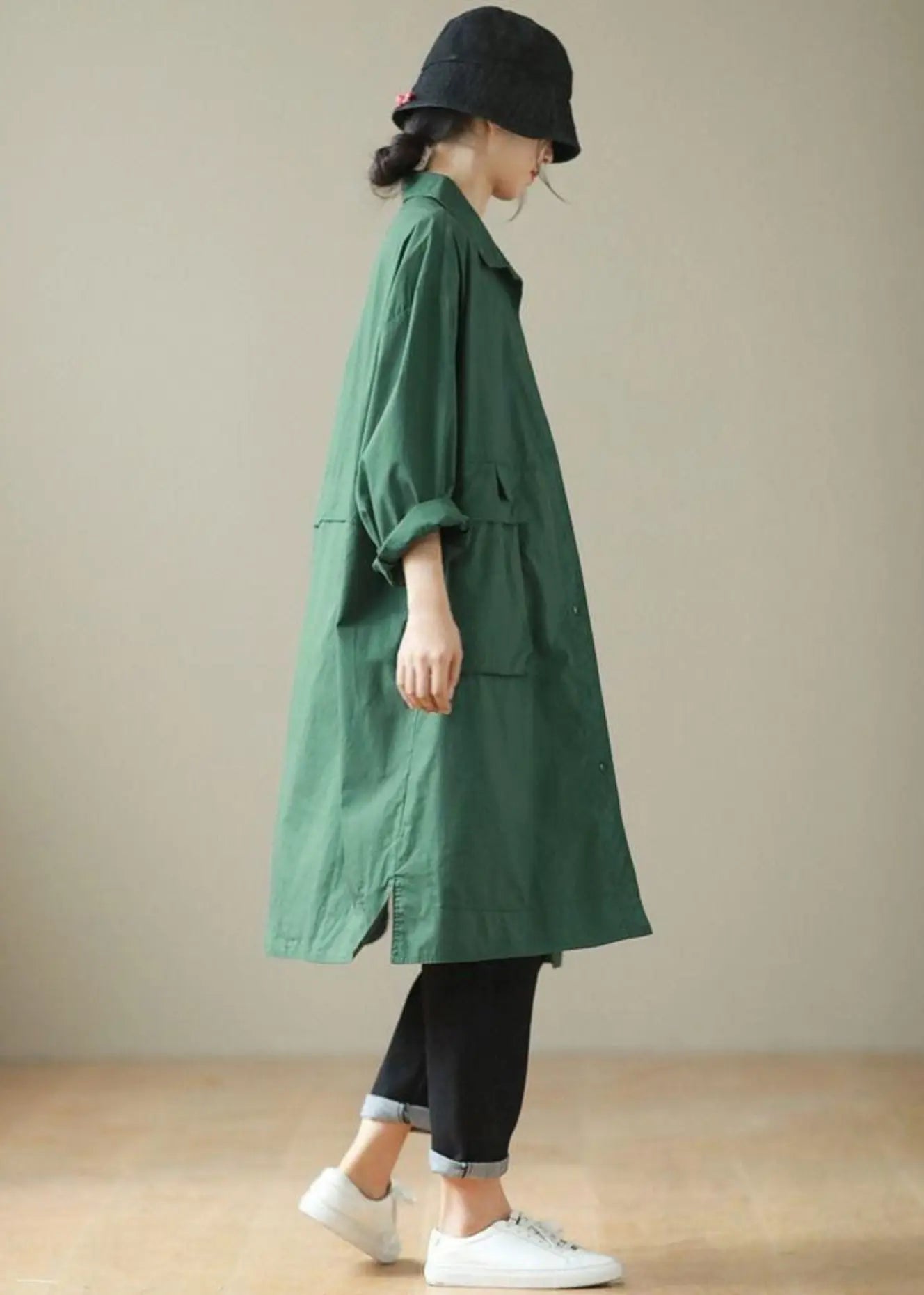 DIY Blackish Green Oversized Pockets Cotton Trench Coat Fall Ada Fashion