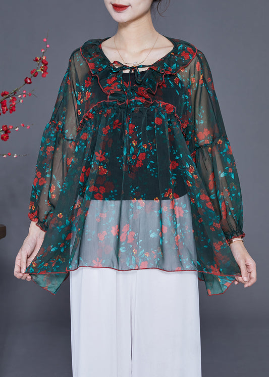 DIY Blackish Green Ruffled Print Chiffon UPF 50+ Top Summer LY2321 - fabuloryshop