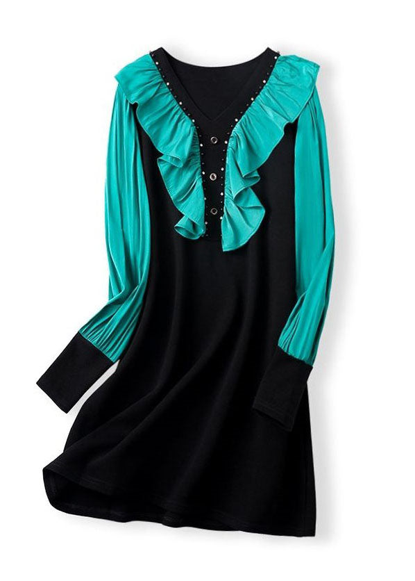 DIY Blackish Green V Neck Ruffled Patchwork Cotton Mid Dresses Spring LY3842 - fabuloryshop