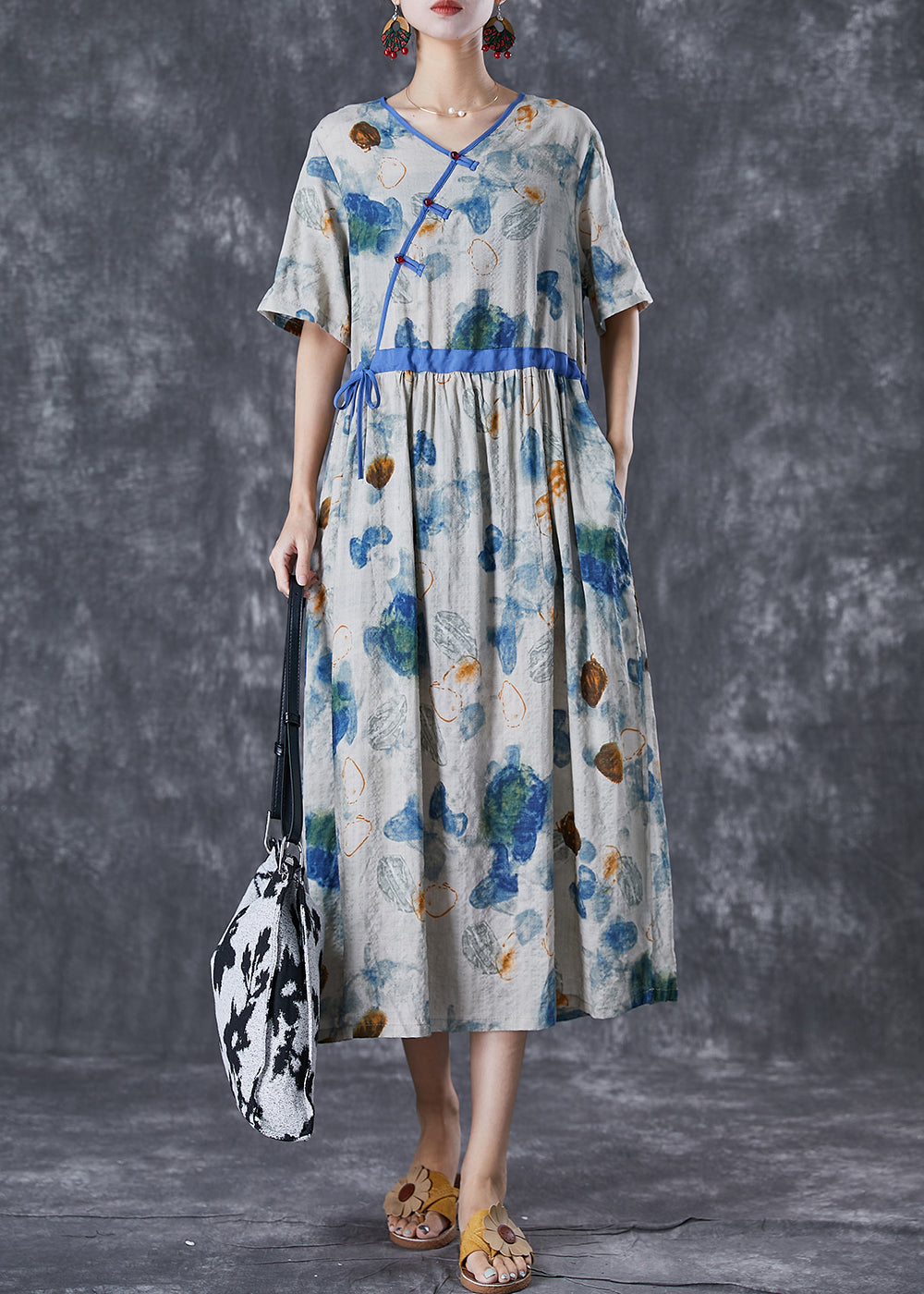 DIY Blue Cinched Print Linen Silk Holiday Dress Summer TD1037 - fabuloryshop