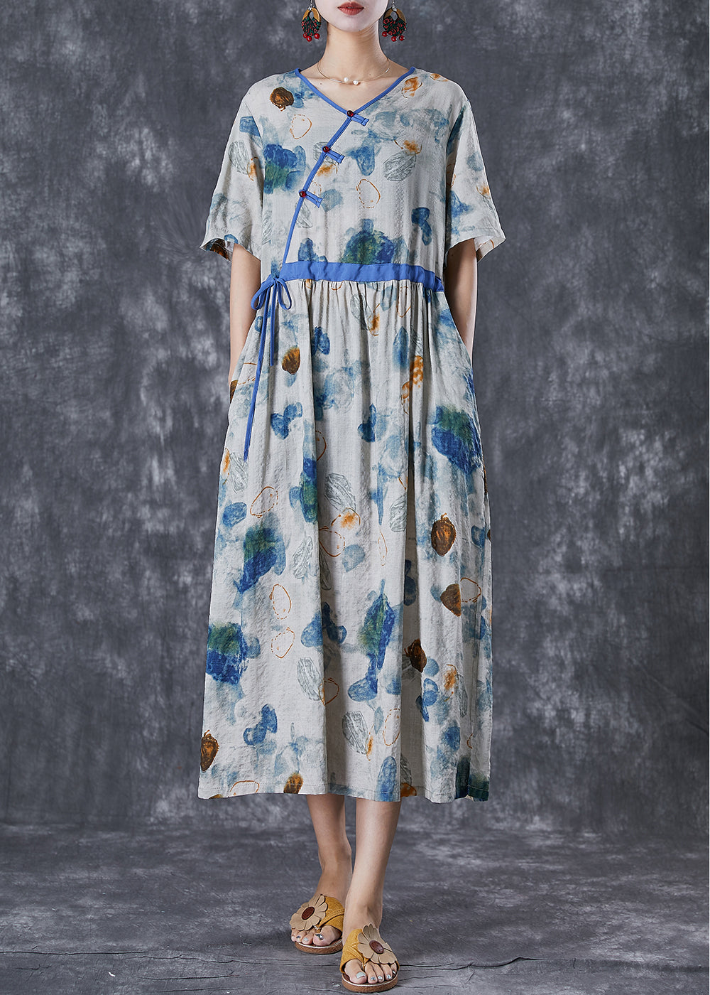 DIY Blue Cinched Print Linen Silk Holiday Dress Summer TD1037 - fabuloryshop