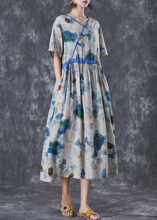 DIY Blue Cinched Print Linen Silk Holiday Dress Summer TD1037 - fabuloryshop
