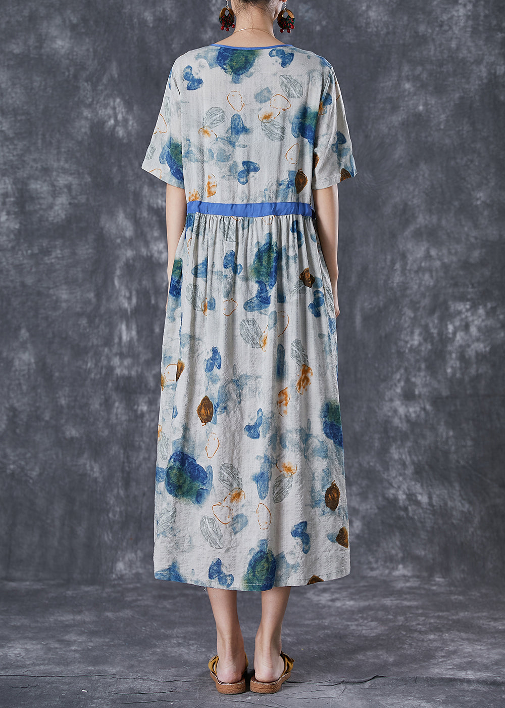 DIY Blue Cinched Print Linen Silk Holiday Dress Summer TD1037 - fabuloryshop