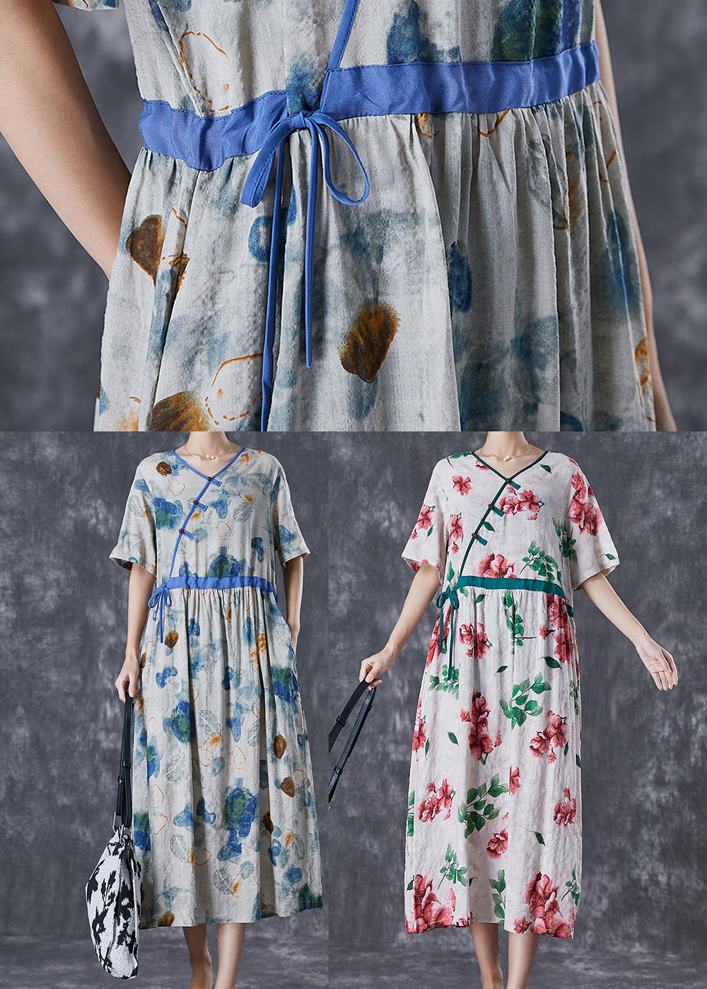 DIY Blue Cinched Print Linen Silk Holiday Dress Summer TD1037 - fabuloryshop