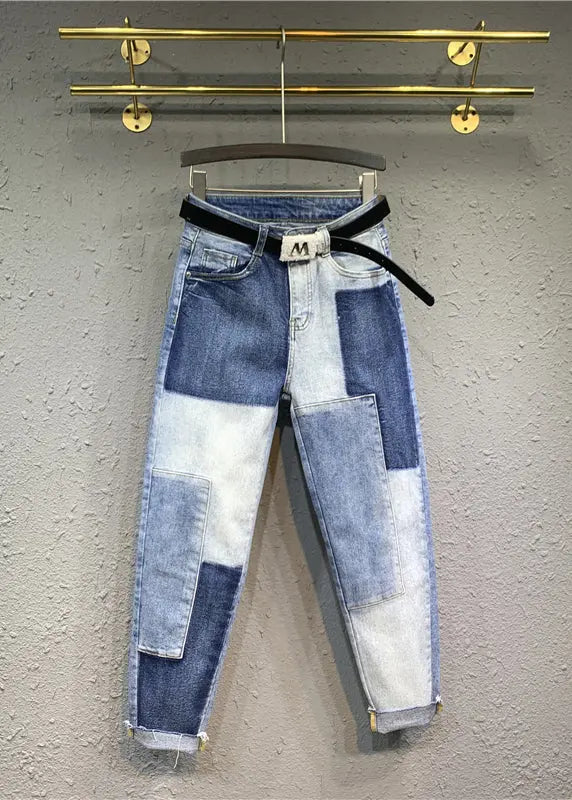 DIY Blue High Waist Pockets Patchwork Denim Pants Fall Ada Fashion