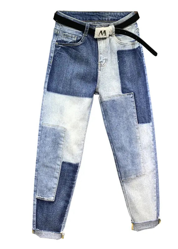 DIY Blue High Waist Pockets Patchwork Denim Pants Fall Ada Fashion