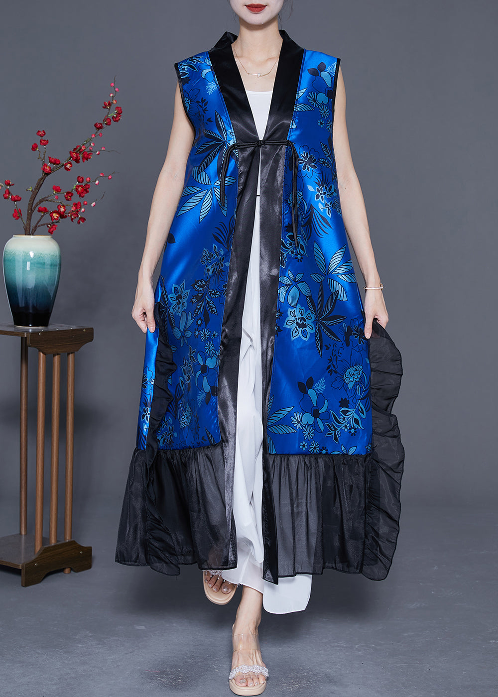 DIY Blue Ruffled Patchwork Chinese Button Silk Long Vest Summer LY4825 - fabuloryshop