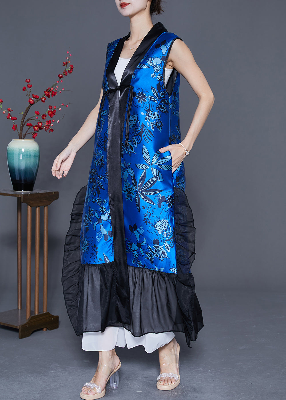 DIY Blue Ruffled Patchwork Chinese Button Silk Long Vest Summer LY4825 - fabuloryshop