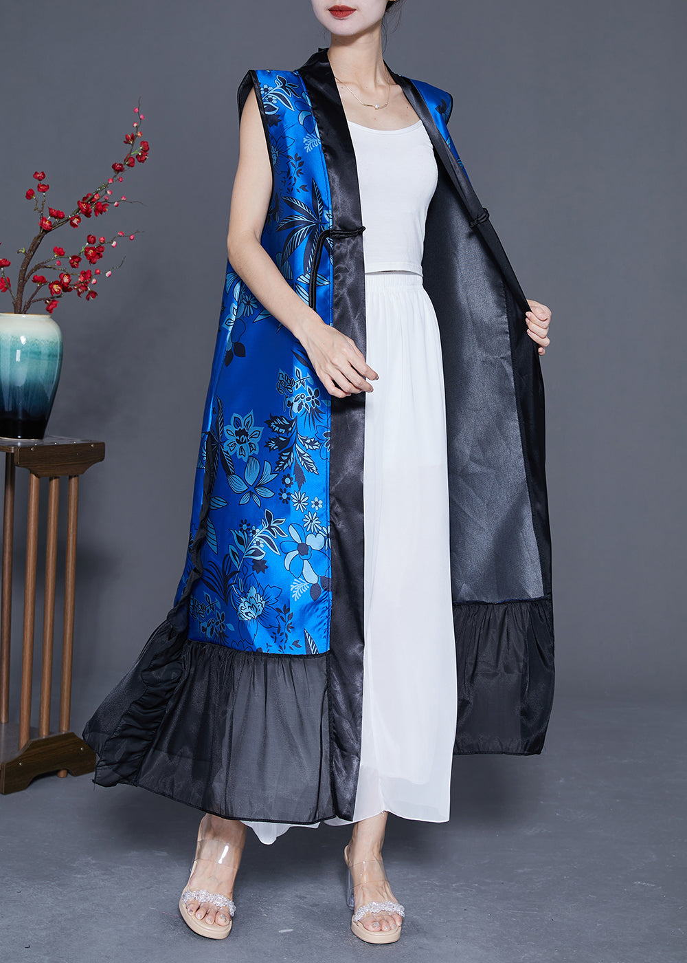 DIY Blue Ruffled Patchwork Chinese Button Silk Long Vest Summer LY4825 - fabuloryshop