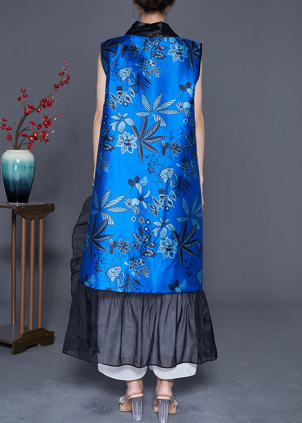 DIY Blue Ruffled Patchwork Chinese Button Silk Long Vest Summer LY4825 - fabuloryshop