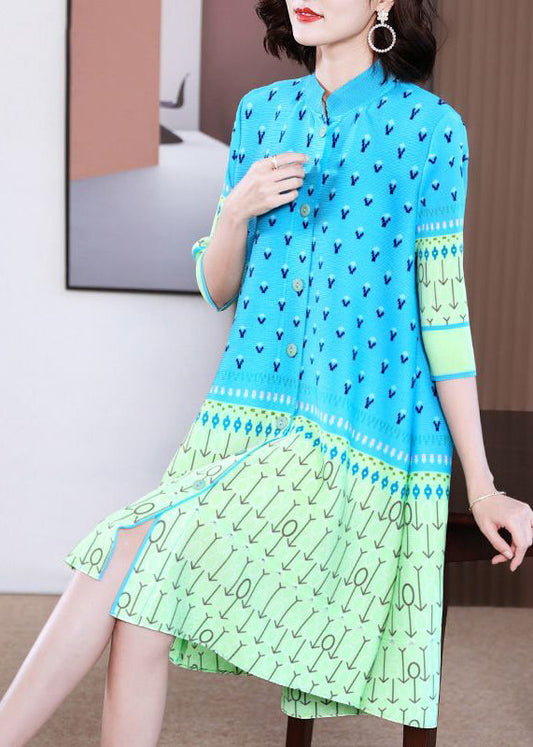DIY Blue Stand Collar Patchwork Print Holiday Dress Summer LY2794 - fabuloryshop