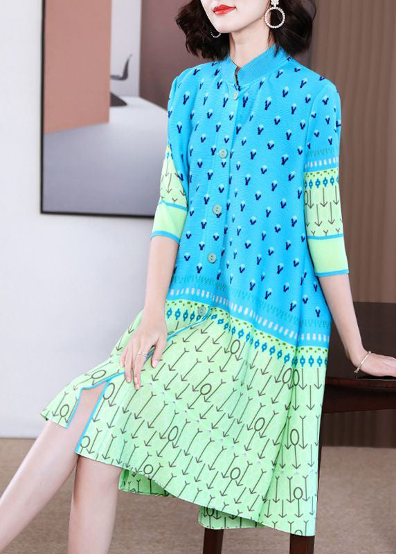 DIY Blue Stand Collar Patchwork Print Holiday Dress Summer LY2794 - fabuloryshop