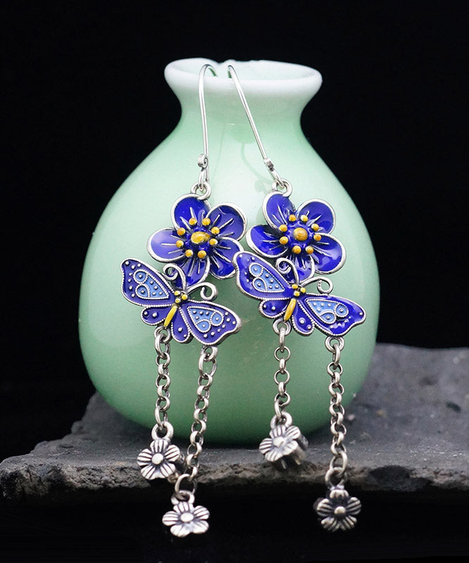 DIY Blue Sterling Silver Butterfly Floral Tassel Drop Earrings LY2028 - fabuloryshop