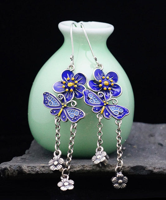 DIY Blue Sterling Silver Butterfly Floral Tassel Drop Earrings LY2028 - fabuloryshop