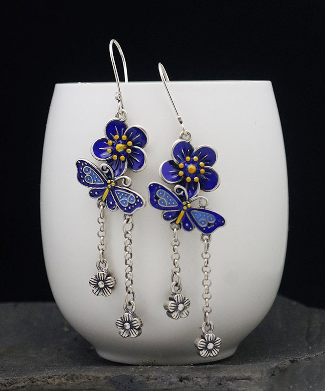 DIY Blue Sterling Silver Butterfly Floral Tassel Drop Earrings LY2028 - fabuloryshop