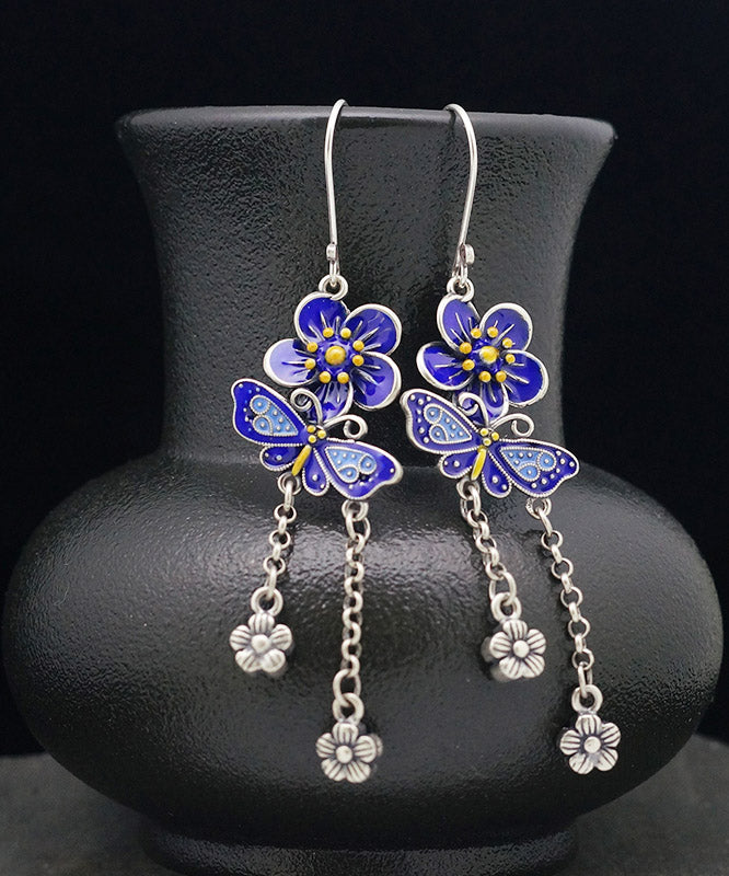 DIY Blue Sterling Silver Butterfly Floral Tassel Drop Earrings LY2028 - fabuloryshop