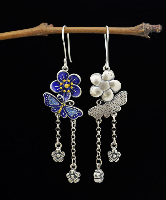 DIY Blue Sterling Silver Butterfly Floral Tassel Drop Earrings LY2028 - fabuloryshop