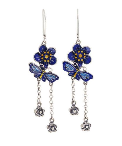 DIY Blue Sterling Silver Butterfly Floral Tassel Drop Earrings LY2028 - fabuloryshop